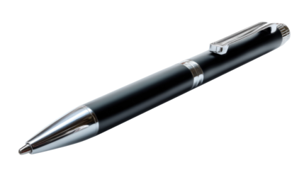 Sleek Black Ballpoint Pen: A sophisticated black ballpoint pen with silver accents, isolated on a white background, showcasing its elegant design and professional appeal.