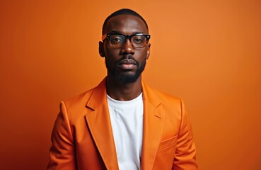 Portrait of handsome African American man in orange blazer glasses against orange backdrop. Black male model wears suit and spectacles. Confident look.