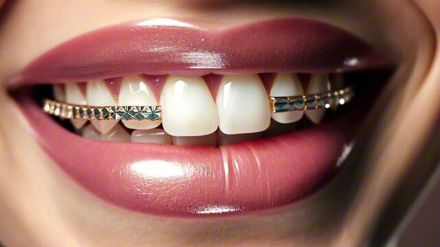 Ultra close-up of smiling female lips with shiny pink gloss, white teeth and beauty braces. Concept of smile aesthetics and dental care