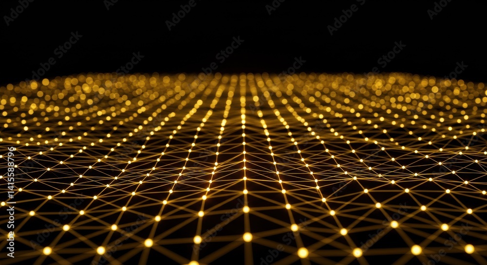Poster Golden network connecting points in a grid formation on black background
