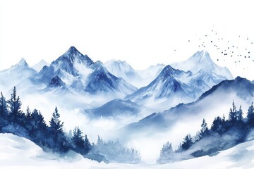 Winter Mountain Landscape Watercolor Design