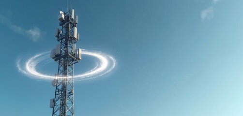 Modern 5G telecommunication tower against blue sky. Wireless communication technology, network concept. Mobile antenna, transmitting data, signal. Internet globalization and cyberspace.