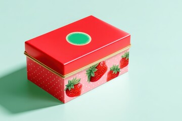 Red tin box with strawberry decoration resting on a light green surface