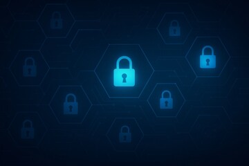 Digital Security Protection with Hexagonal Patterns of Locked Symbols Representing Cybersecurity and Data Privacy Concepts