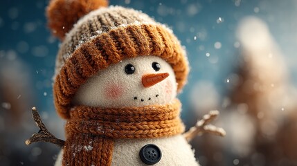 A cheerful snowman wearing a knitted hat and scarf stands amidst falling snow, capturing the essence of winter fun and holiday spirit.