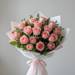 Beautiful Pink Rose Bouquet in White Wrapping - Romantic Floral Gift Photography