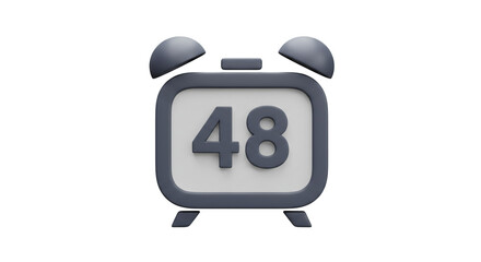 Naklejka premium A sleek 3D alarm clock displaying 48, symbolizing a countdown or deadline, rendered in muted grey tones on a stark white background.