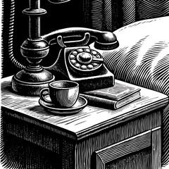Vintage Telephone, Cup, Book, and Side Table