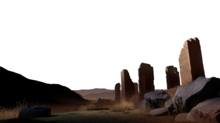 Stone Monument in Desert Landscape: A weathered stone monument standing resolute against a rugged desert, sculpted by wind and time, surrounded by rock and sand.