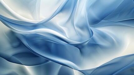 Abstract background of smooth, flowing blue and white silky waves or fabric. Ethereal design suggesting elegance, movement, fluidity, and gentle energy.
