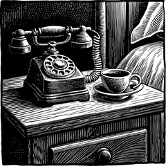 Vintage Telephone and Coffee Cup on Nightstand