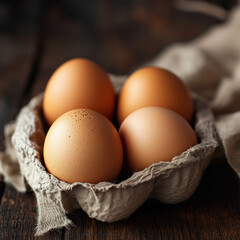 Fresh brown eggs on rustic table