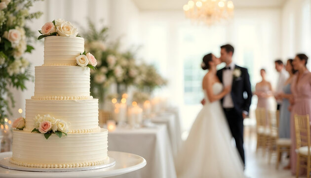 Multi-tiered wedding cake with flowers, sharp focus, set against a dreamy reception scene.