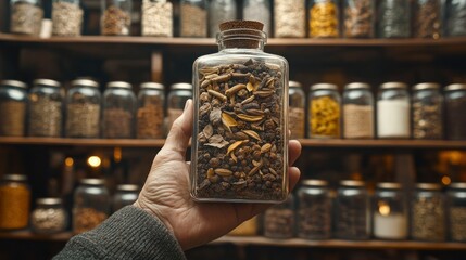 Obraz premium Hand holding a glass jar filled with assorted dried herbs and spices. A variety of spices are displayed on shelves behind