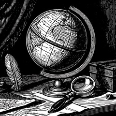 Vintage Globe with Quill and Inkwell