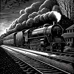 Steam Train in Motion, Black and White Illustration