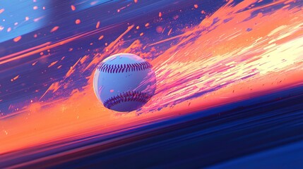 Dynamic baseball in motion with vibrant trails of color, set against a blurred background at dusk