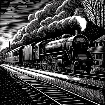 Steam Train in Motion, Black and White Illustration