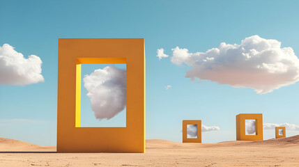 Abstract Yellow Geometric Shapes In Desert Landscape With Clouds