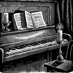 Antique Piano with Candles and Music Book