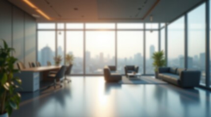 Fototapeta premium Brightly lit, softly blurred office interior with panoramic glass windows and modern touches, ideal as a bokeh background for creative or corporate projects.