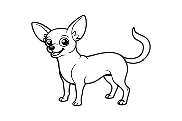 Black and white line art drawing of a Chihuahua standing with a big smile.eps