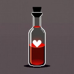 Pixelated potion bottle filled with a red liquid and a white heart, sealed with a black cork. Minimalist design.