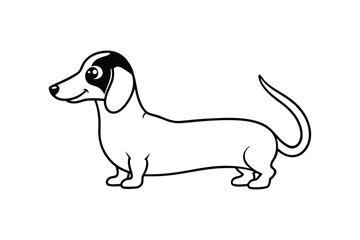 Black and white line art drawing of a Dachshund lying down with its long body stretched.eps