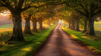 Fototapeta premium Golden Sunlight Path Through Autumn Trees