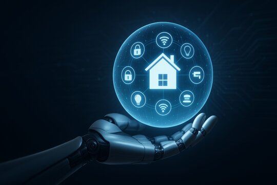 Smart Home Technology with Robotic Hand Holding a Digital Sphere of Connected Devices and Icons