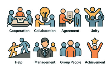 Teamwork icons set: flat style illustrations for business and collaboration themes
