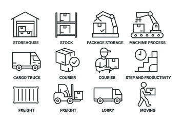 Logistics and delivery icon set: warehousing, transport, packaging, and productivity icons