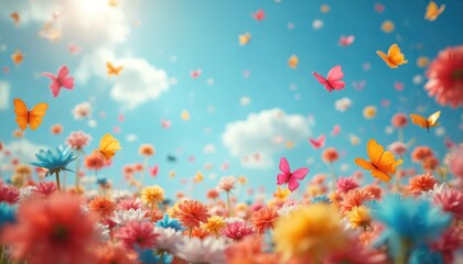 Colorful butterflies fly over vibrant flower field. Blue sky with clouds. Illustration spring, freedom, nature, joy. Beautiful floral landscape represents happiness, summer holiday, positive mood.