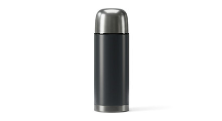 A sleek, dark grey thermos, perfect for keeping your drink warm on a chilly day, boasts a metallic silver top for a touch of modern elegance.