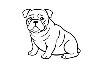 Black and white line art drawing of an English Bulldog sitting with its big wrinkles.eps