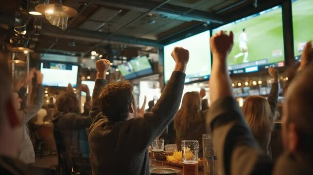 Excited Fans Watch Game on Big Screens at Sports Bar Energetic Atmosphere Group of Friends Cheerful Crowd Watching Game Together
