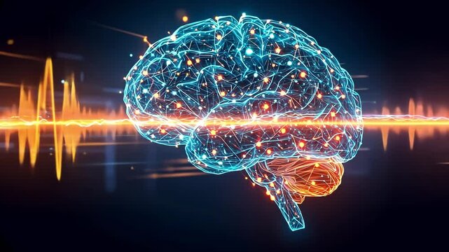 Futuristic glowing brain with neural network connections and energy wave representing AI