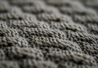 Close-up Knitted Fabric Texture Grey Wool, Cable Knit Pattern, Detailed Macro Shot, Textile Background.