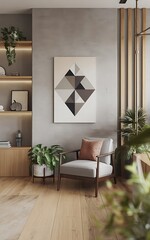 Armchair near stucco wall with geometric painting. Minimalist, japandi interior design of modern living room...