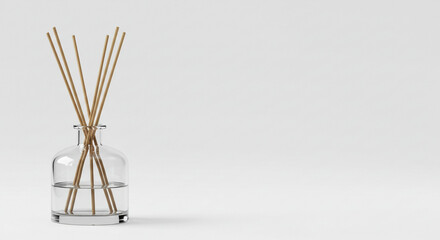 A simple glass bottle diffuser filled with a fragrant liquid and slender wooden sticks, creating a calming and serene atmosphere against a minimalist white background.
