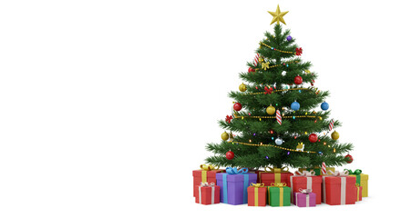 A beautifully decorated Christmas tree brimming with colorful ornaments and surrounded by a mountain of vibrant presents, ready to bring holiday cheer and festive magic.