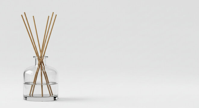 A simple glass bottle diffuser filled with a fragrant liquid and slender wooden sticks, creating a calming and serene atmosphere against a minimalist white background.