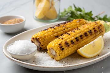 Grilled corn (bhutta) on a white plate with salt and lemon, isolated on light grey