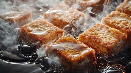Fototapeta premium A pan of food is cooking in a pan with steam rising from it