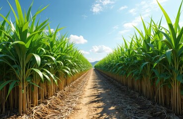 Obraz premium Sugarcane field with green leaves. Plantation with long rows sugarcane stalks on the side of the rural pathway, blue sky background, agriculture, farming concept.