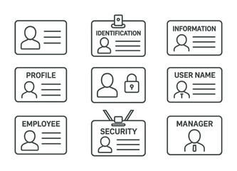 Identification card icon set: linear style for profiles and security