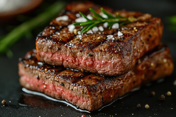 steaks on a plate garnished with herbs.