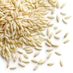 Obraz premium Uncooked Brown Rice Grains Scattered on White Background Closeup View Healthy Food Ingredient