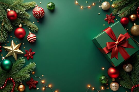 A lavish emerald green Christmas gift, adorned with a rich crimson bow, surrounded by shimmering ornaments, twinkling fairy lights, and lush evergreen branches on a deep green backdrop.