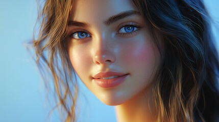 A confident girl with an expressive smile, looking directly into the camera, silky smooth hair.